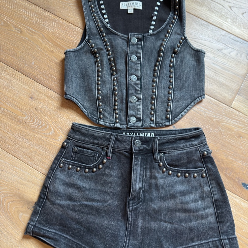 Black Denim Studded Vest and Shorts Set